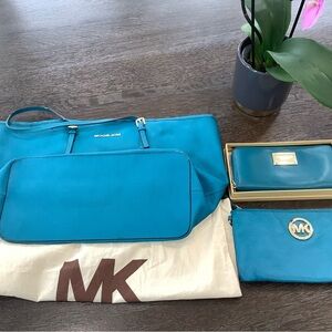 Michael Kors Vibrant Blue Tote, Wristlet and Wallet Set Bundle